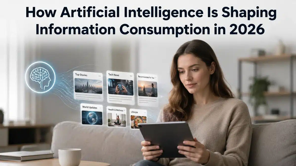 Minimalist and realistic digital illustration about information consumption in 2026, showing a young woman seated in a modern living room using a tablet while AI-powered floating news cards and personalized content panels appear beside her. The scene includes subtle futuristic interface elements, a glowing artificial intelligence icon, and soft neutral lighting. At the top of the image, the title “How Artificial Intelligence Is Shaping Information Consumption in 2026” is displayed prominently. The composition is clean, sharp, and balanced, visually representing how AI is transforming information access and personalization in the United States.